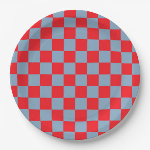 Red Blue Chequered Gingham Pattern Paper Plate