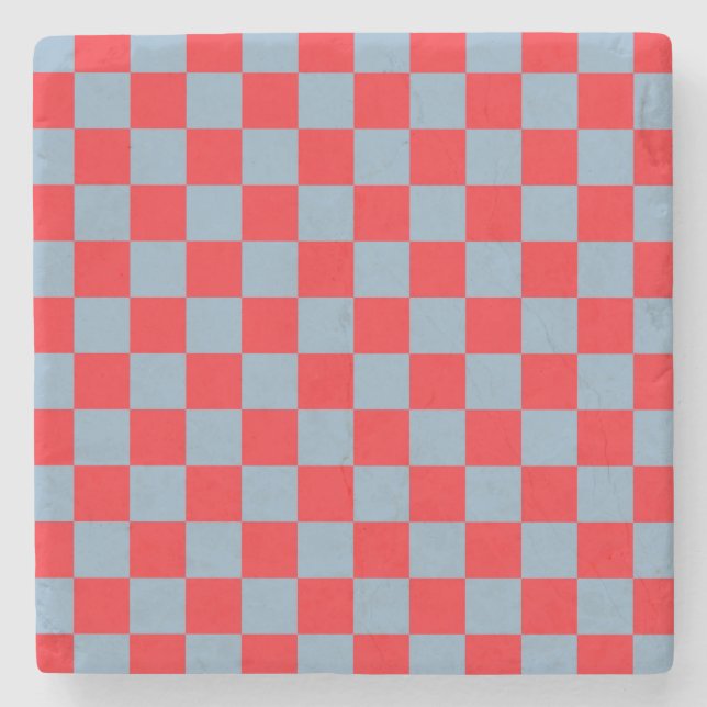 Red Blue Chequered Gingham Pattern Stone Coaster (Front)