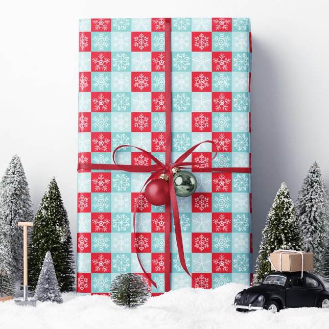 Red Blue Chequered Snowflake Christmas  Wrapping Paper (Creator Uploaded)