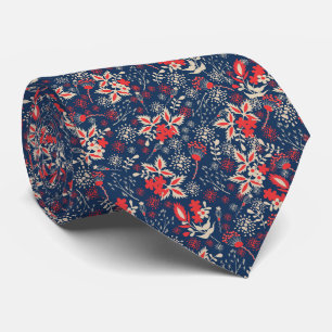 Red blue Christmas floral pattern Tie