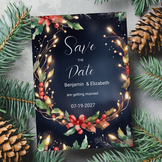 Red blue Christmas flower wreathe Save the Date Invitation (Red blue Christmas flower wreathe Save the Date)