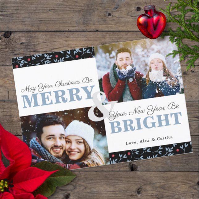 Red & Blue Christmas Greenery Pattern 2-Photo Card (Pretty Dusty Blue Merry & Bright Non-Denominational 2-Photo Holiday Cards with Matching Greenery)