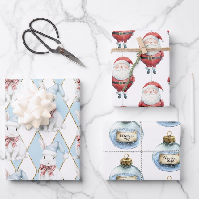 Red Blue Christmas Magic Santa Bunny Rabbit Wrapping Paper Sheet (Front)