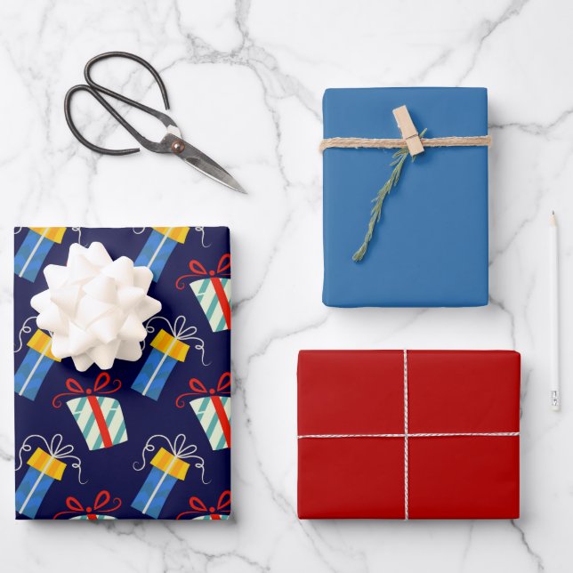 Red & Blue Christmas Packaging Coordinated Wrapping Paper Sheet (Front)