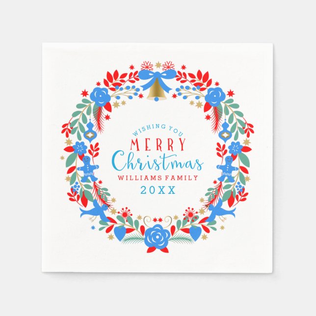 Red & Blue Christmas Wreath Merry Christmas Napkin (Front)