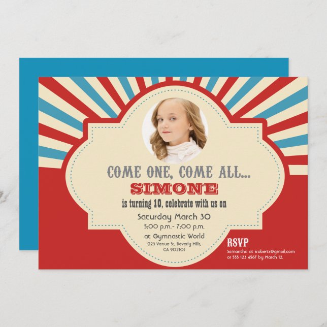 Red Blue Circus Themed 10th Birthday Invitation (Front/Back)