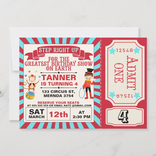 Red Blue Circus Ticket  Birthday Invitation (Front)