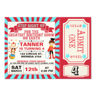 Red Blue Circus Ticket  Birthday Invitation