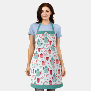 Red Blue Coffee Time Pattern Monogram Apron