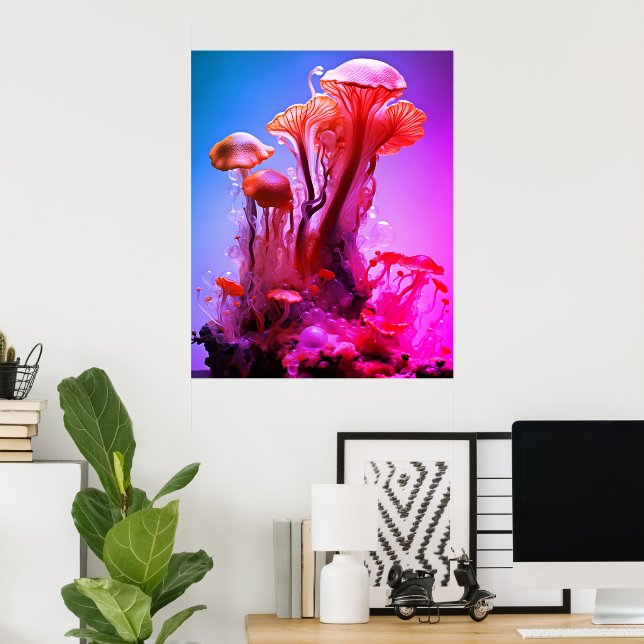 Red + Blue Coloured Translucent Mushrooms On a Wal Poster (Home Office)