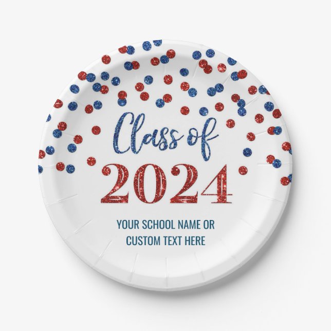 Red Blue Confetti Graduation 2024 Paper Plate (Front)