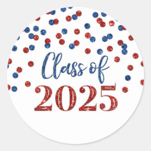Red Blue Confetti Graduation 2025 Classic Round Sticker