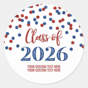Red Blue Confetti Graduation 2026 Classic Round Sticker