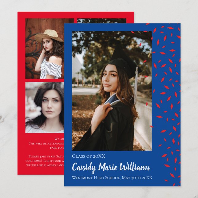 Red Blue Confetti Graduation Announcement (Front/Back)