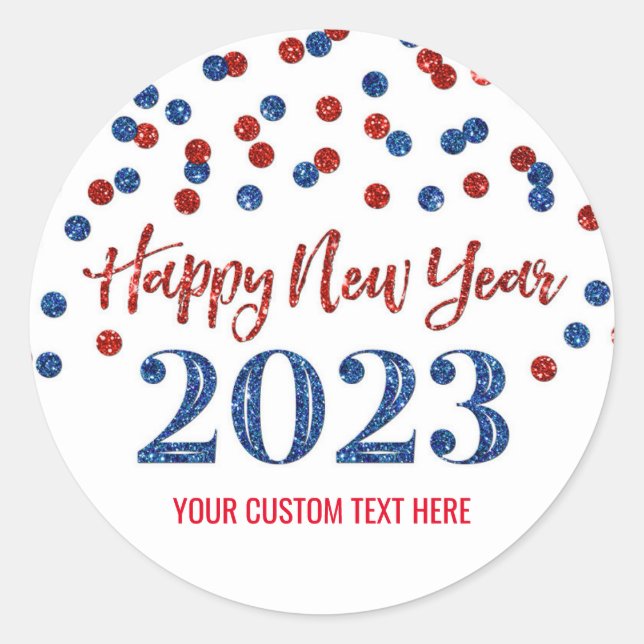 Red Blue Confetti Happy New Year 2023 Classic Round Sticker (Front)