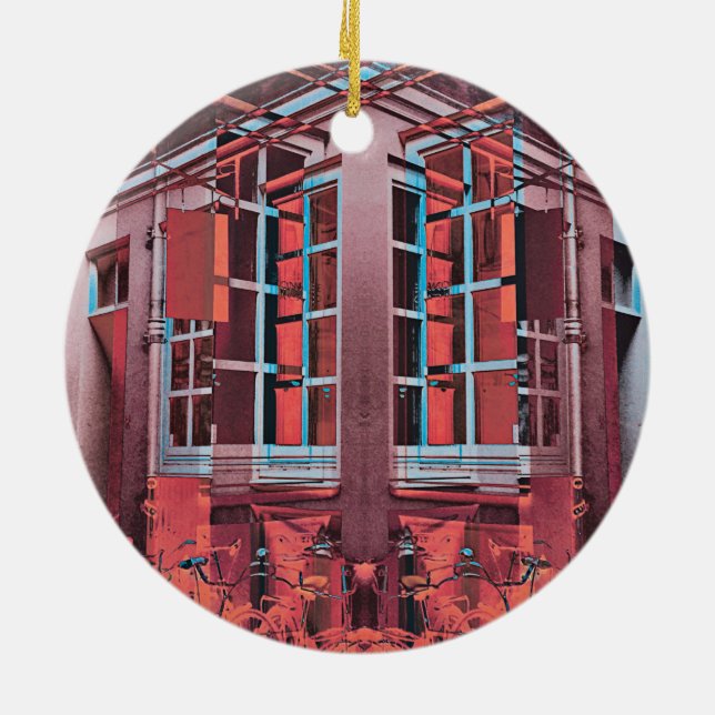 Red blue Copenhagen windows reflection digital art Ceramic Ornament (Back)