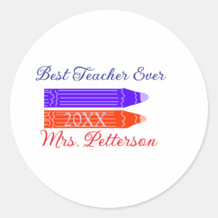 Red blue crayons best teacher ever add year name classic round sticker