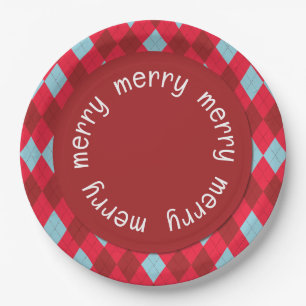 Red Blue & Crimson Christmas Argyle Paper Plate