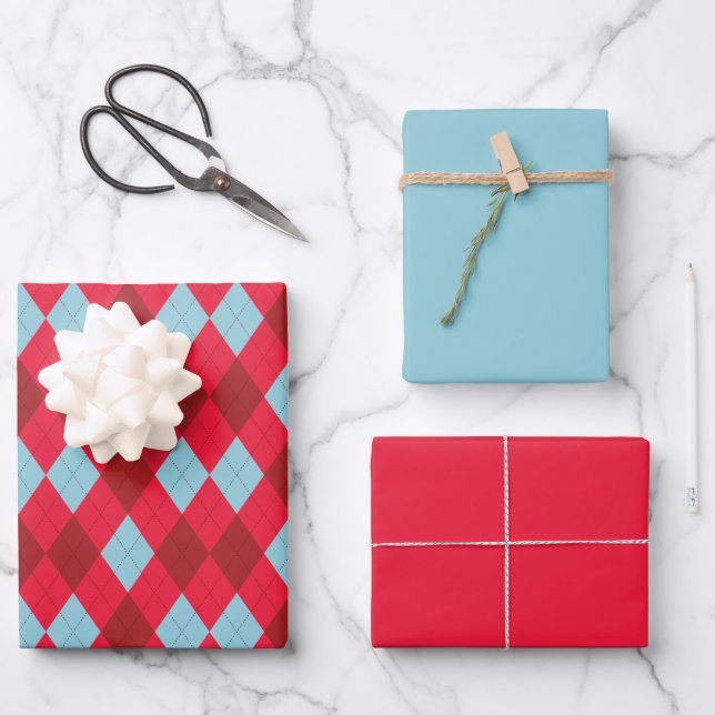 Red Blue & Crimson Christmas Argyle Wrapping Paper Sheet (Front)