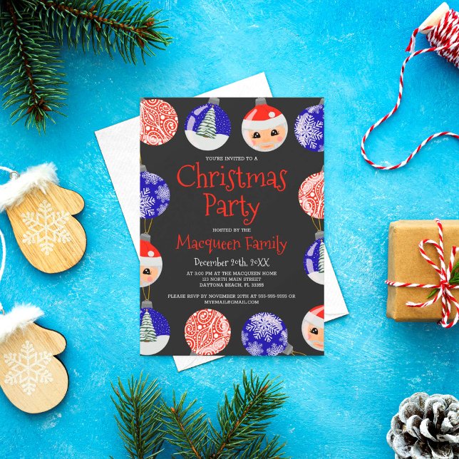 Red Blue Cute Ornament Baubles Christmas Party Invitation (Creator Uploaded)