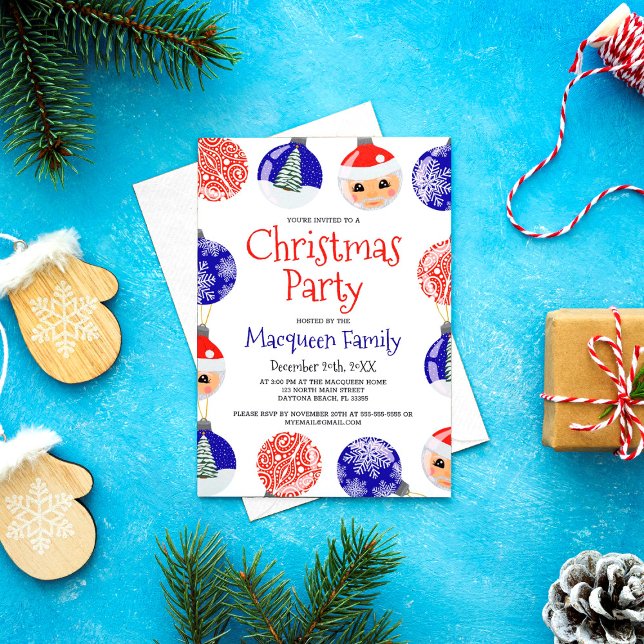 Red Blue Cute Ornament Baubles Christmas Party Invitation (Creator Uploaded)