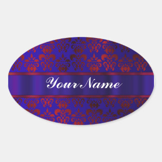 Red & blue damask swirl oval sticker