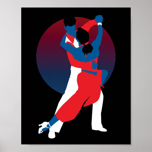 Red & Blue Dancing Silhouette - Tango dancers Poster (Front)