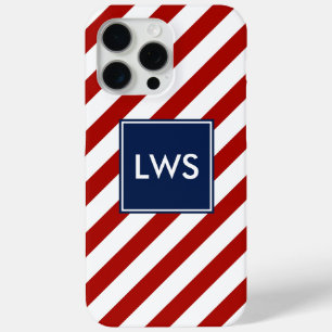 Red Blue Diagonal Stripes Monogram iPhone 15 Pro Max Case