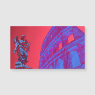Red, blue digital art of Colosseum and statue
