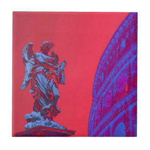 Red, blue digital art of Colosseum and statue Ceramic Tile