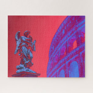 Red, blue digital art of Colosseum and statue Jigsaw Puzzle