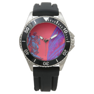 Red, blue digital art of Colosseum and statue Watch