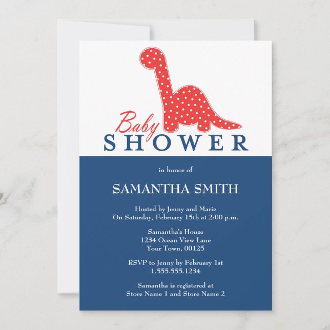 Red & Blue Dinosaur Themed Baby Shower Invitation (Front)