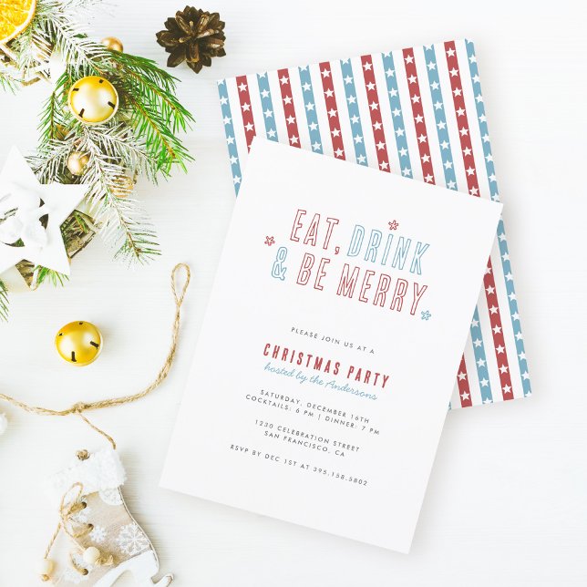 Red & Blue Eat Drink Be Merry Christmas Party Invitation (Creator Uploaded)