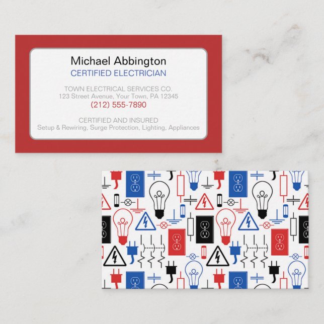 Red Blue Electrical Electrician Business Card (Front/Back)