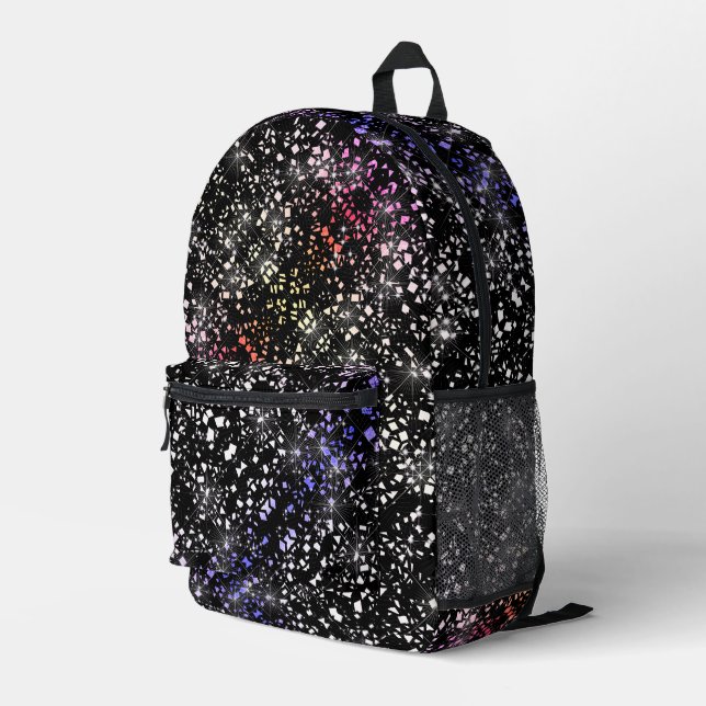 Red Blue Faux Glass Glitter Sparkle on Black Printed Backpack (Back Corner Right)