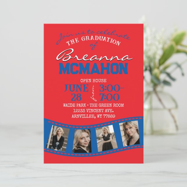 Red & Blue Filmstrip 5 Photo Graduation Invitation (Standing Front)