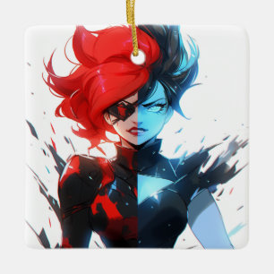 Red Blue Fire Ice Comic Style Anime Girl Ceramic Ornament