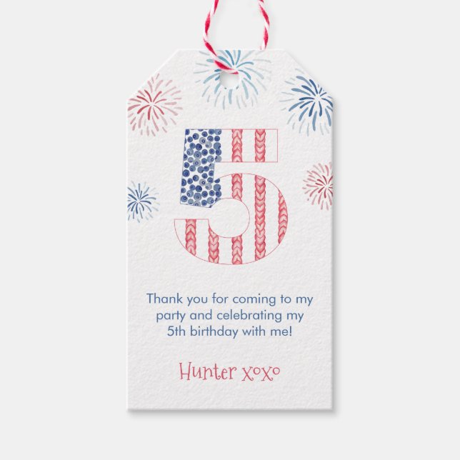 Red Blue Firecracker 5th Birthday Party Favour Tag (Front)