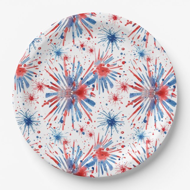 Red Blue Fireworks 4th July Plate (Front)