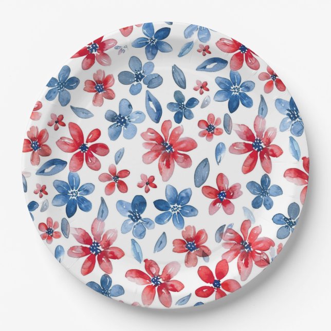 Red Blue Floral 4th of July Plate (Front)