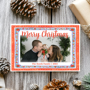 Red & Blue Floral Block Print, Folk Art Inspired Holiday Card