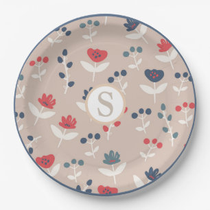 Red Blue Floral Monogram Farmhouse Pattern Paper Plate