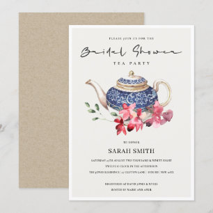Red Blue Floral Teapot Bridal Shower Party Invite
