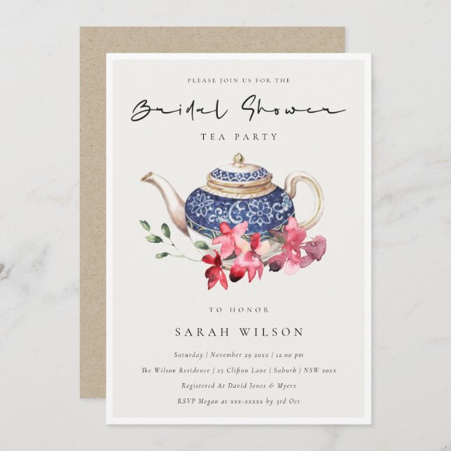 Red Blue Floral Teapot Bridal Shower Party Invite (Front/Back)