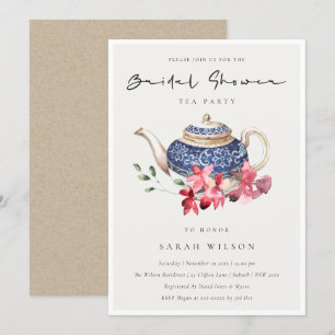 Red Blue Floral Teapot Bridal Shower Party Invite