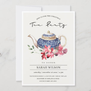 Red Blue Floral Teapot Christmas Tea Party Invite