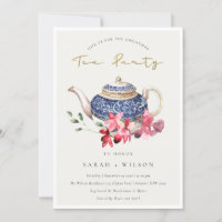 Red Blue Floral Teapot Christmas Tea Party Invite