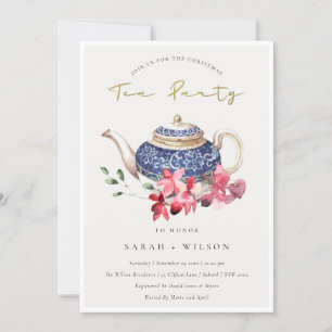 Red Blue Floral Teapot Christmas Tea Party Invite