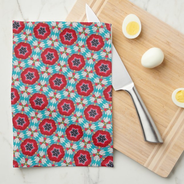 Red Blue Flower Geometric Abstract Tea Towel (Quarter Fold)